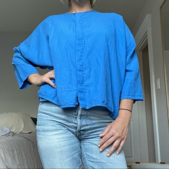 eskandar Tops - Eskandar hand dyed blue custom oversized flowy blue blouse shirt